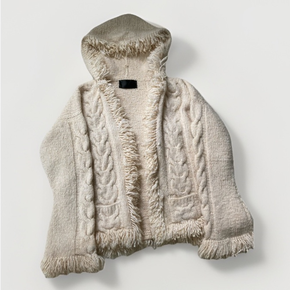 Vtg Chunky Cable Knit Hooded Cardigan Fringe Tassel Cream M/L Boutique Boho y2k